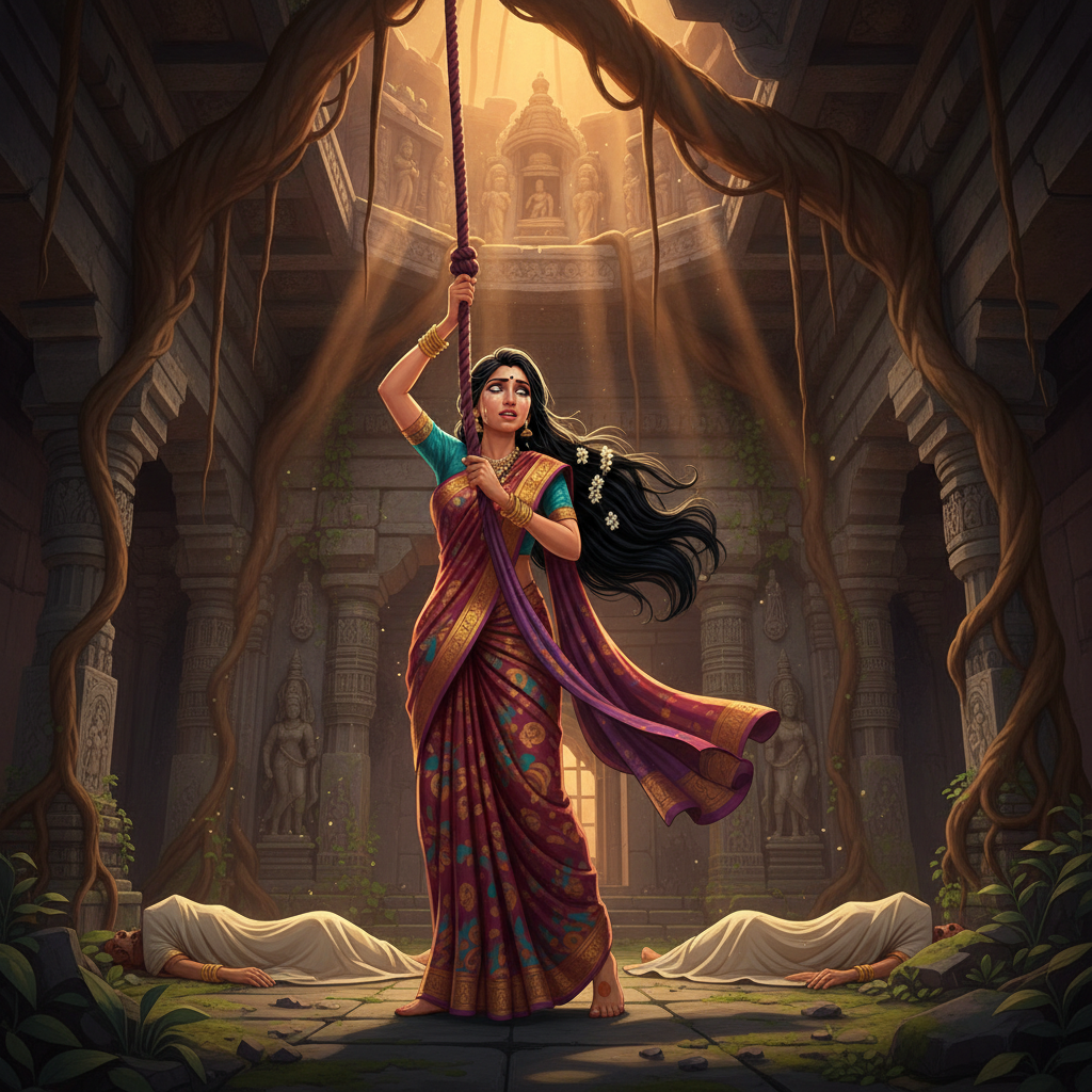 Madanasundari tying her silk saree to the banyan branch preparing to hang herself