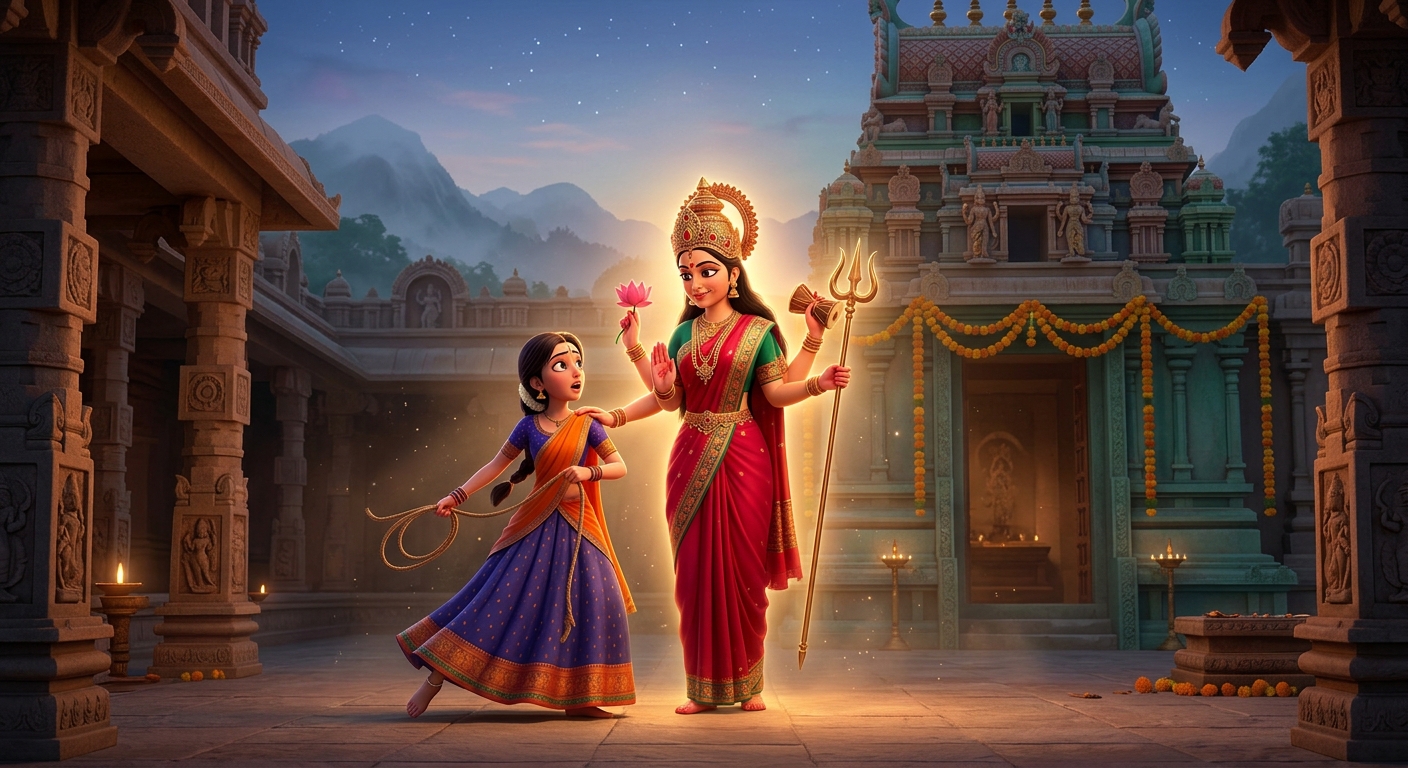 Goddess Gauri manifesting in divine four-armed golden radiance halting the noose