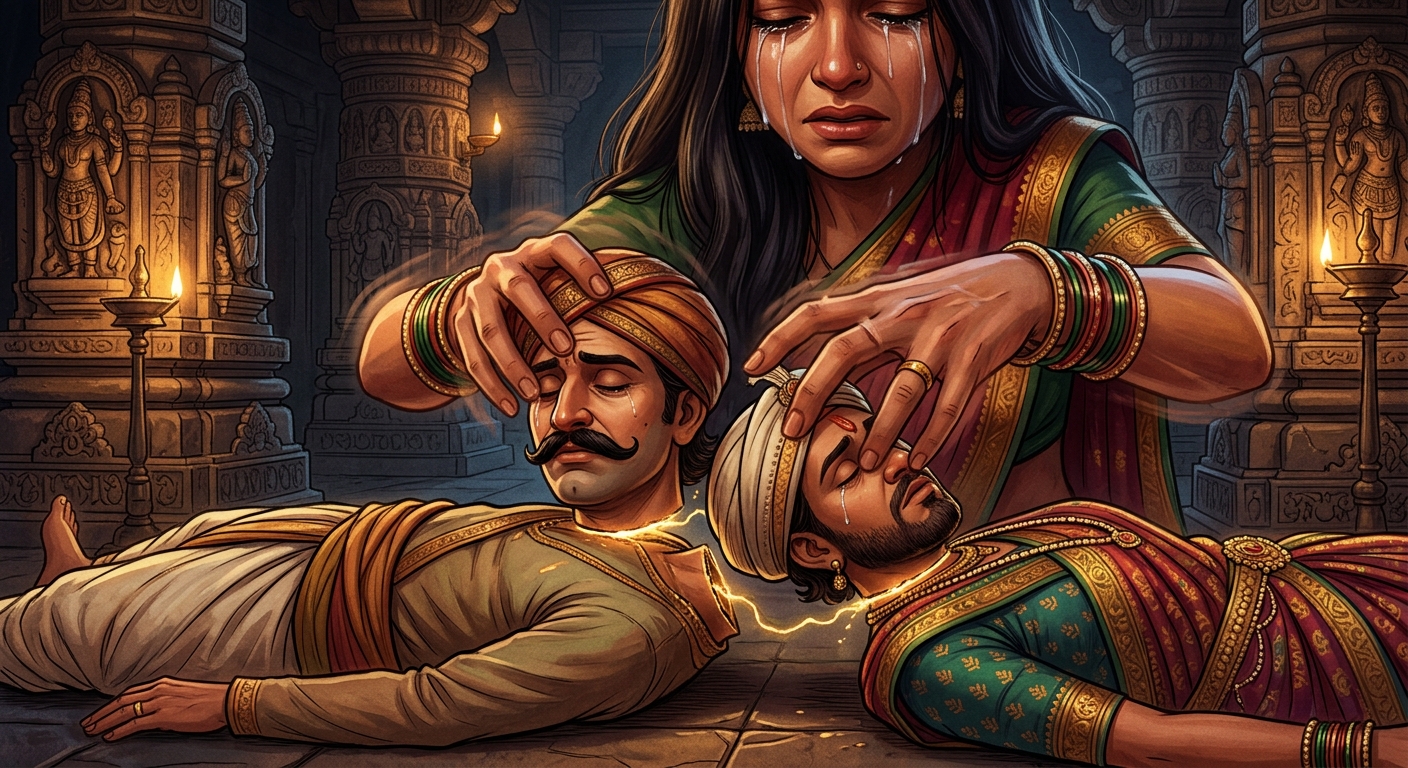 In frantic trembling haste Madanasundari attaches the severed heads to the wrong necks