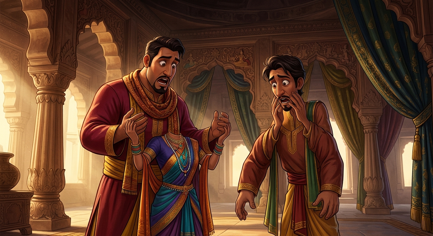 The two men looking at their own hands and bodies in utter bewilderment at their transposed heads