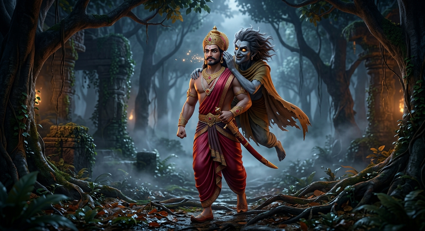 In the midnight forest Betal leaning close to Vikramaditya's ear posing the profound riddle
