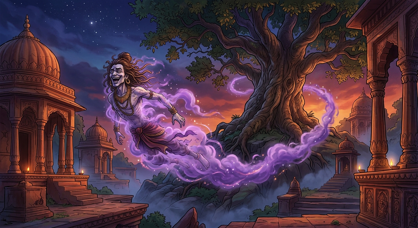 Betal laughing with spectral glee dissolving into smoke soaring back to the Shinshapa tree