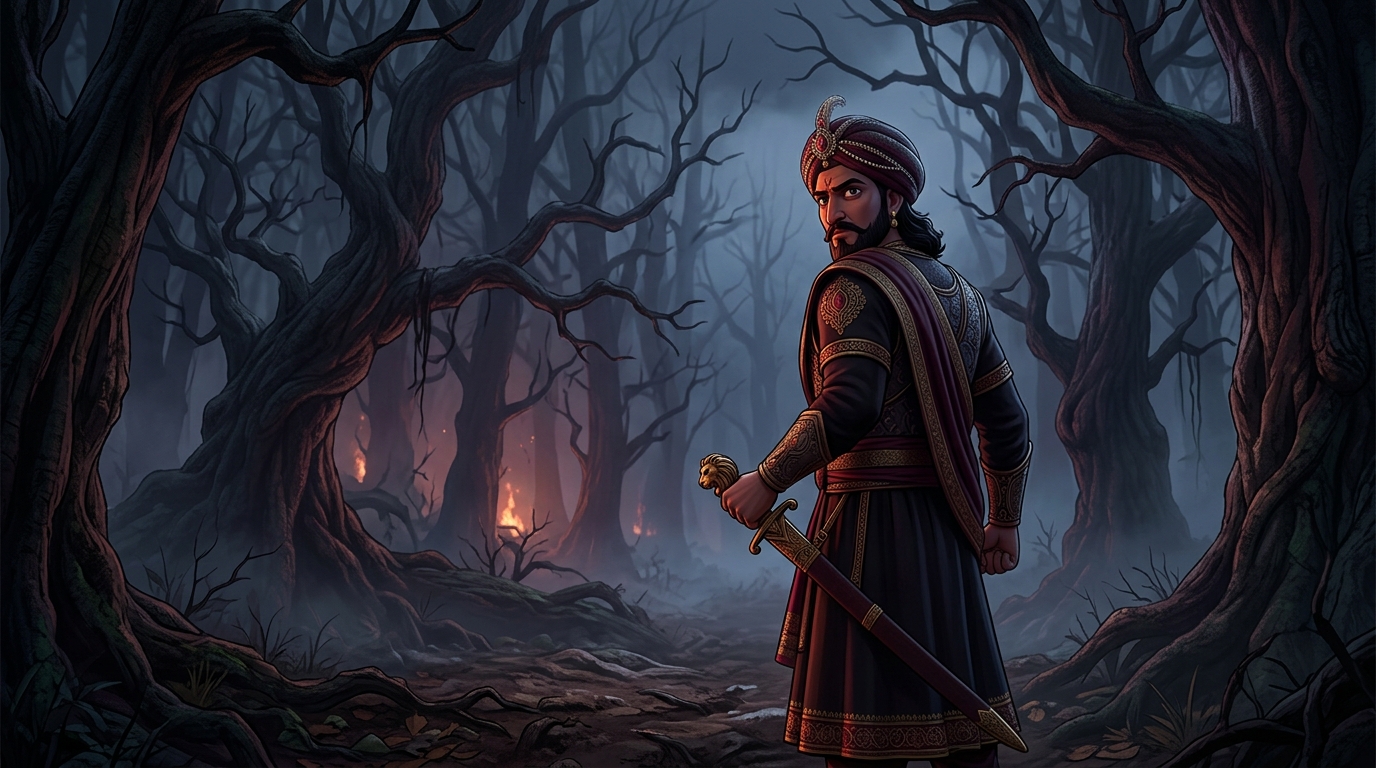 Emperor Vikramaditya standing resolute in the dark moonless Amavasya jungle turning back to retrieve Betal