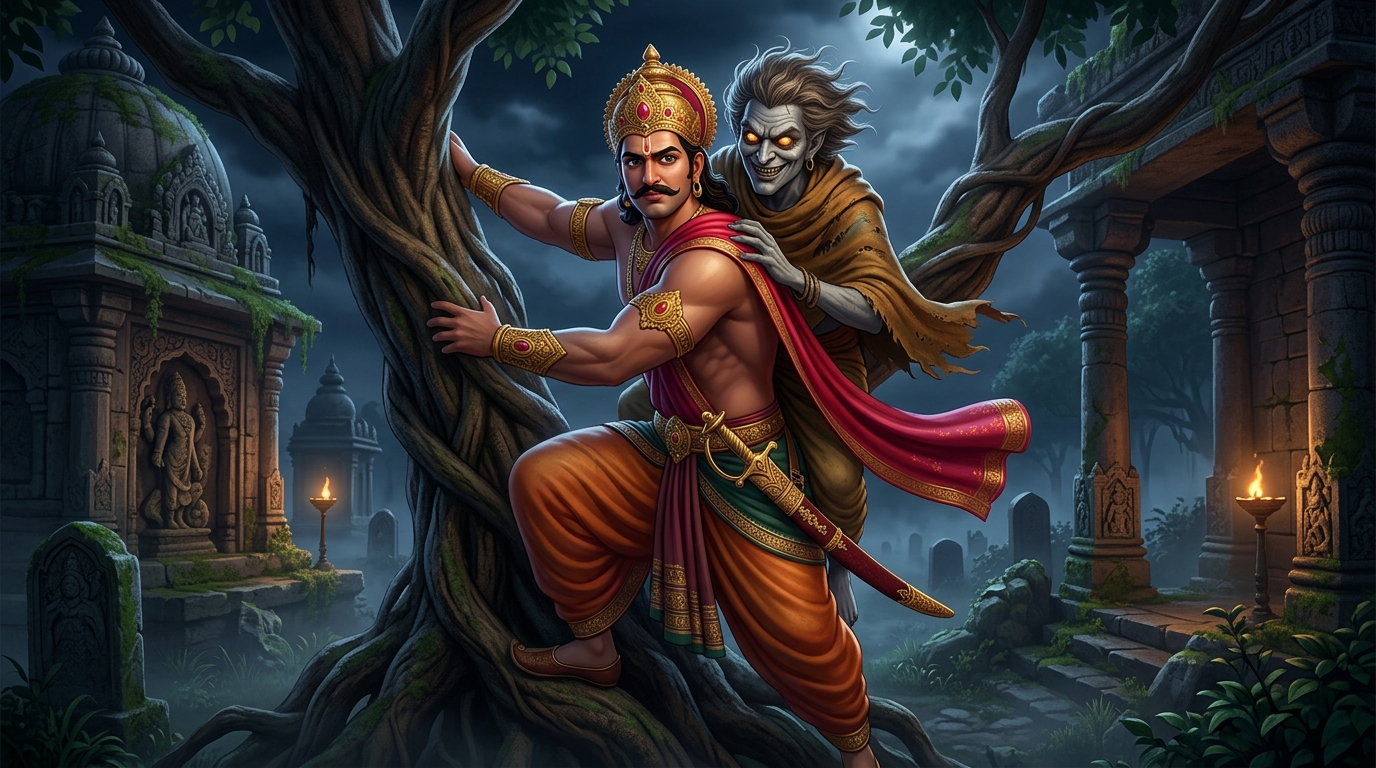 Emperor Vikramaditya carrying Betal on his back in the stormy midnight cemetery