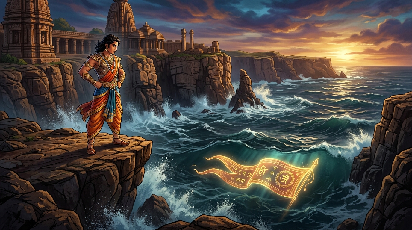 Sattvasheel standing on the rugged ocean cliffs staring at the swirling mysterious waters