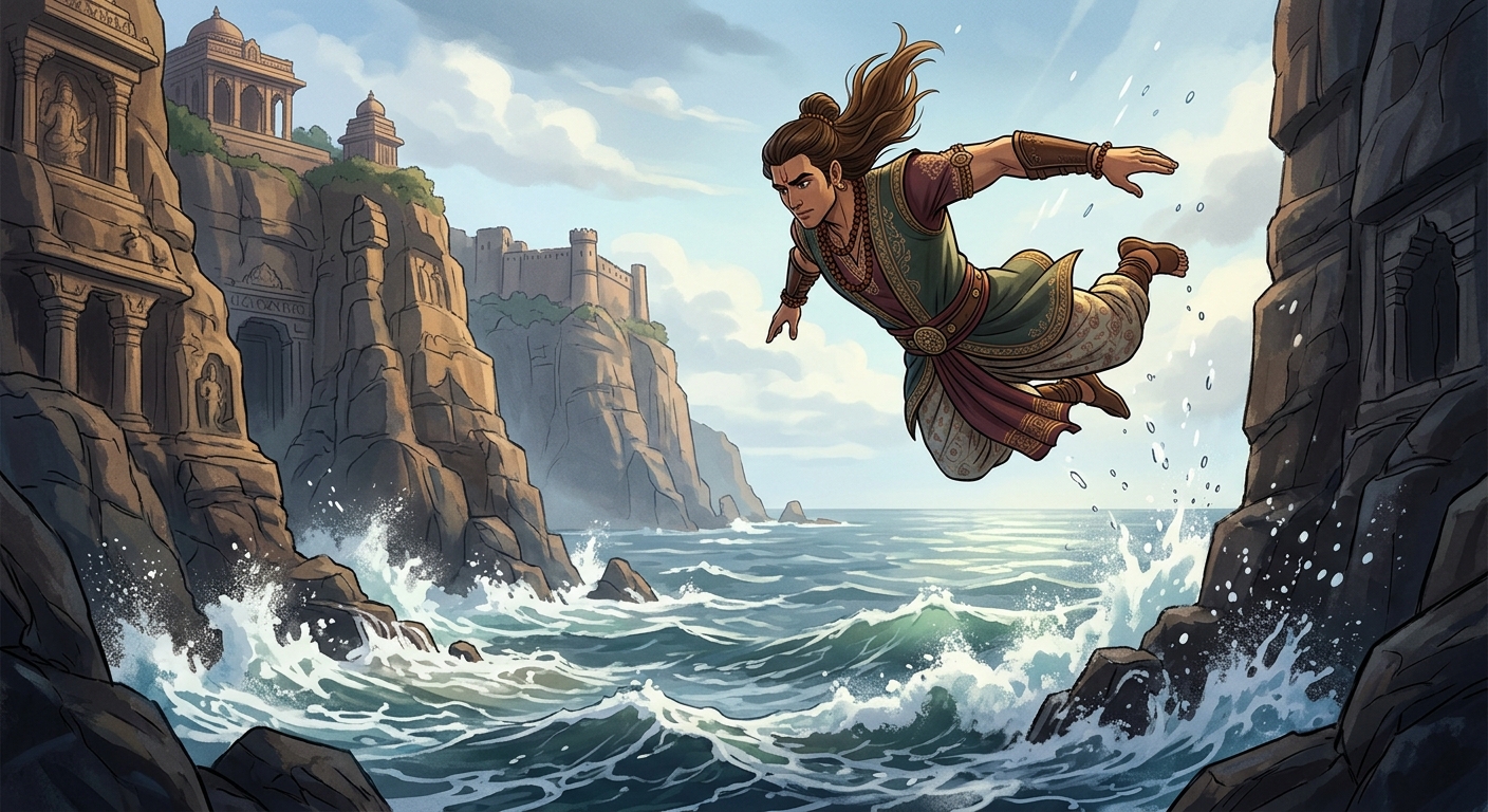 Sattvasheel fearlessly diving from towering ocean cliffs into the foaming abyss