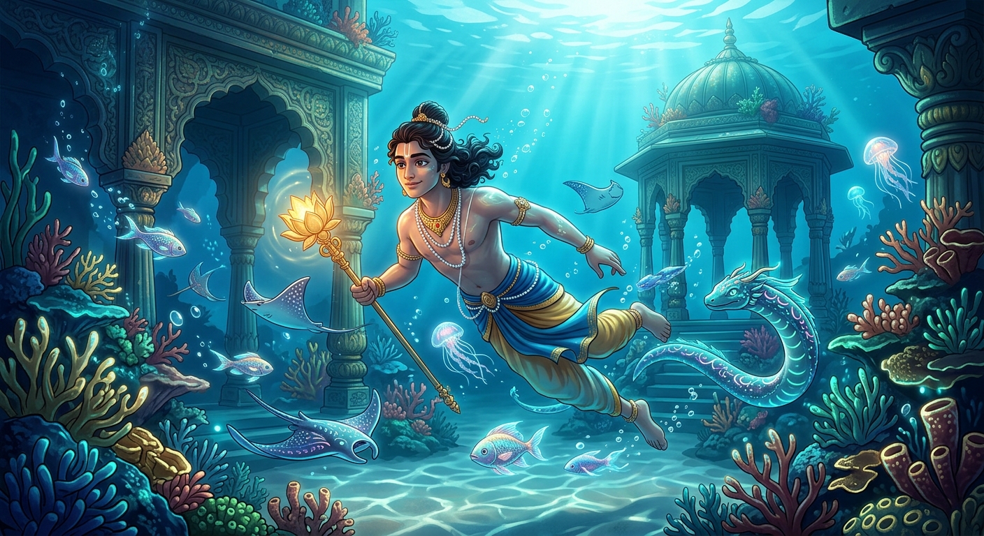 Sattvasheel swimming through crystal clear waters filled with glowing coral and marine wonders