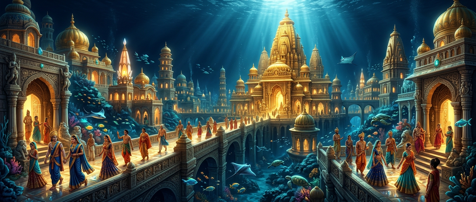 Panoramic wide view of the breathtaking sunken golden city with pearl spires and crystal streets