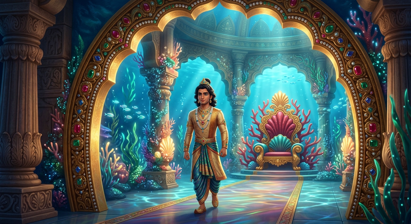 Sattvasheel walking through grand jeweled arches into the coral throne hall