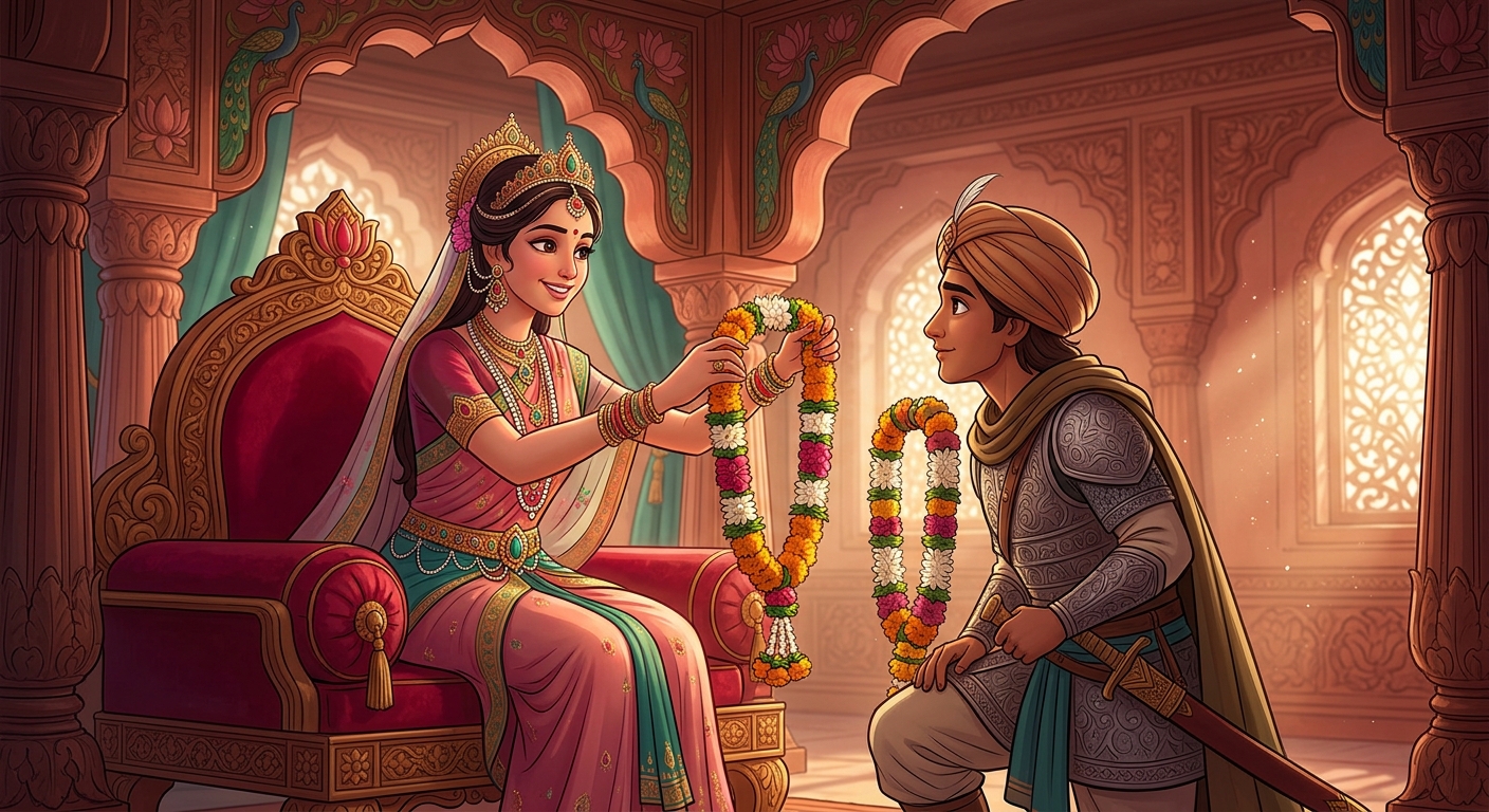 The radiant Vidyadhari princess on her ruby throne welcoming Sattvasheel with garlands