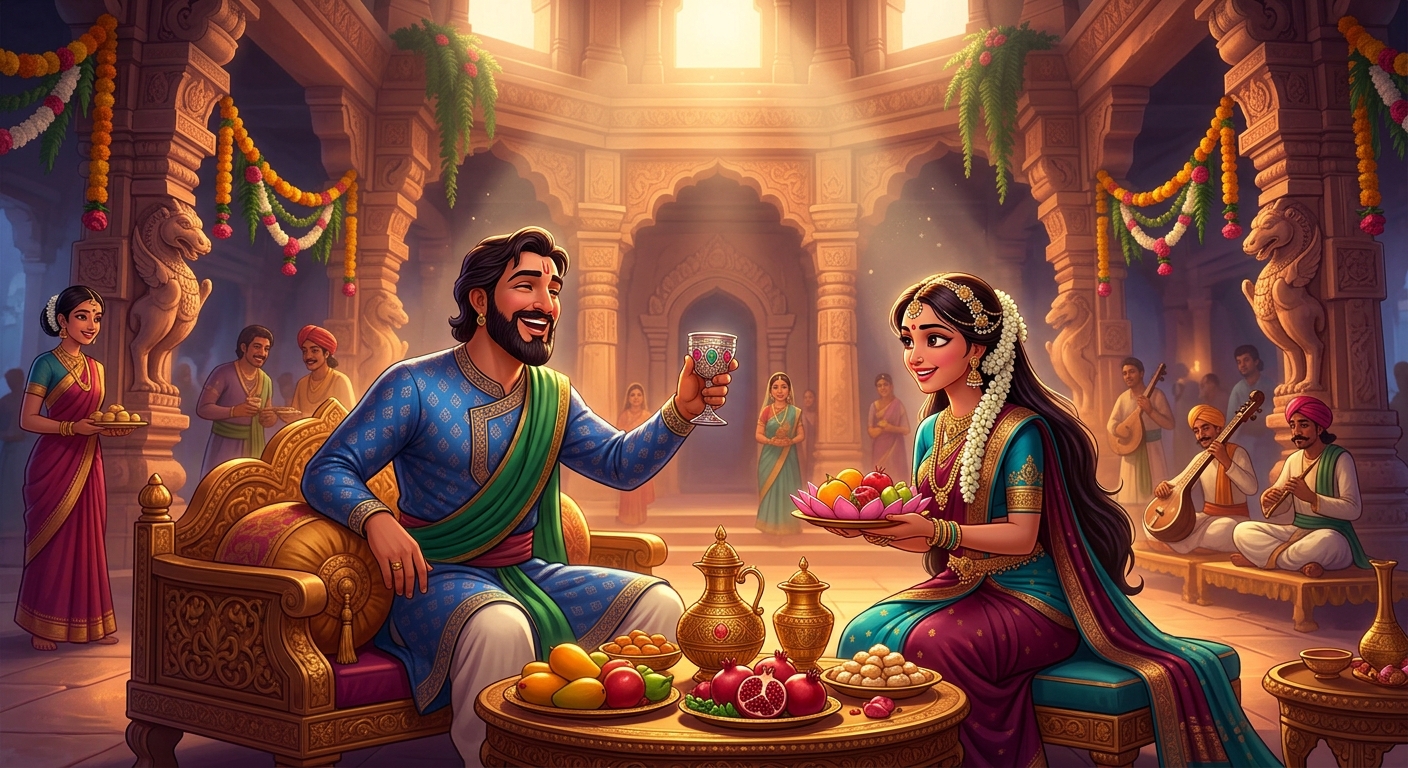 Sattvasheel and the Princess enjoying celestial banquets and divine luxuries in the underwater palace