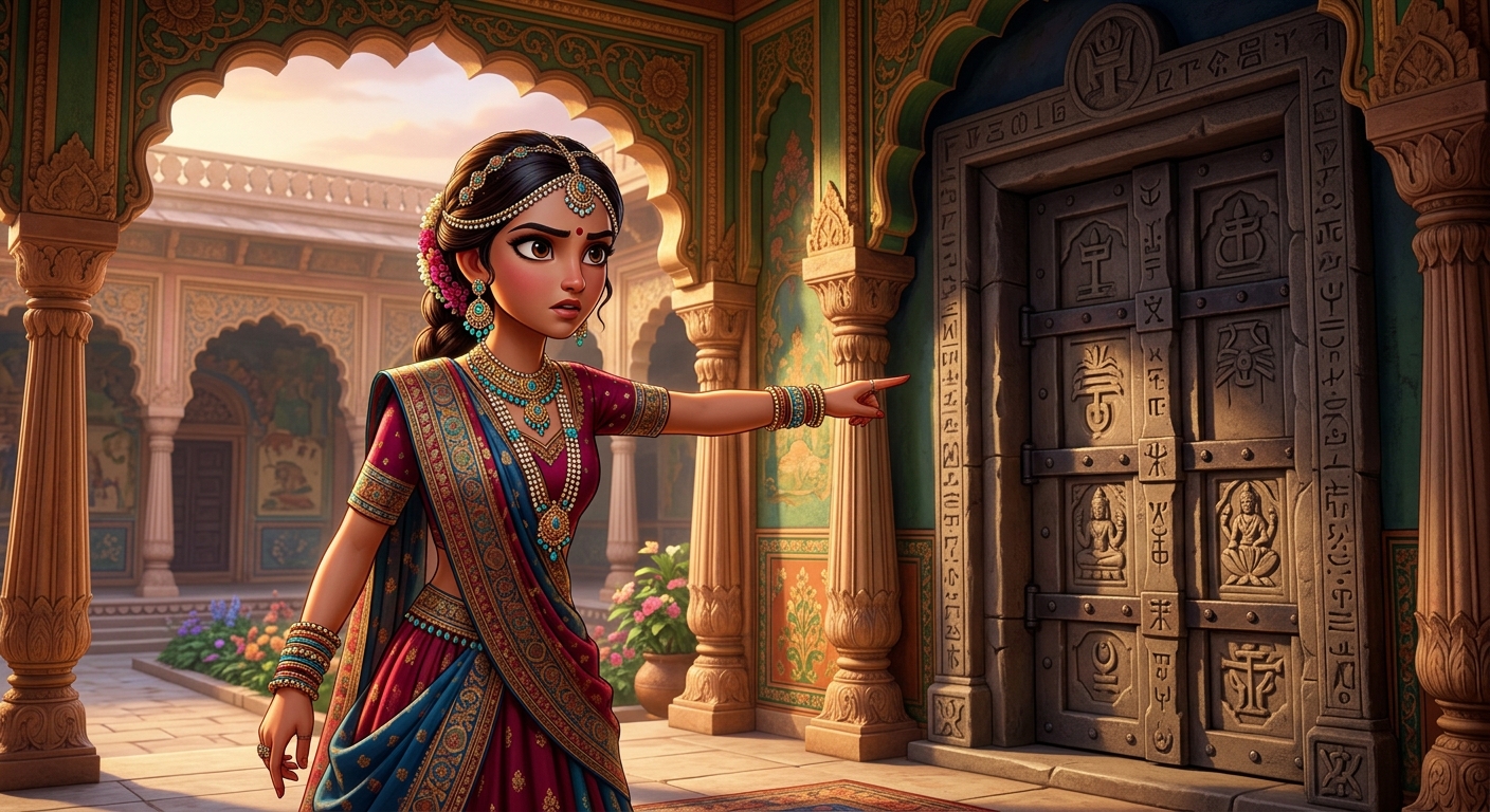 The Princess pointing to a sealed carved stone portal with a serious warning