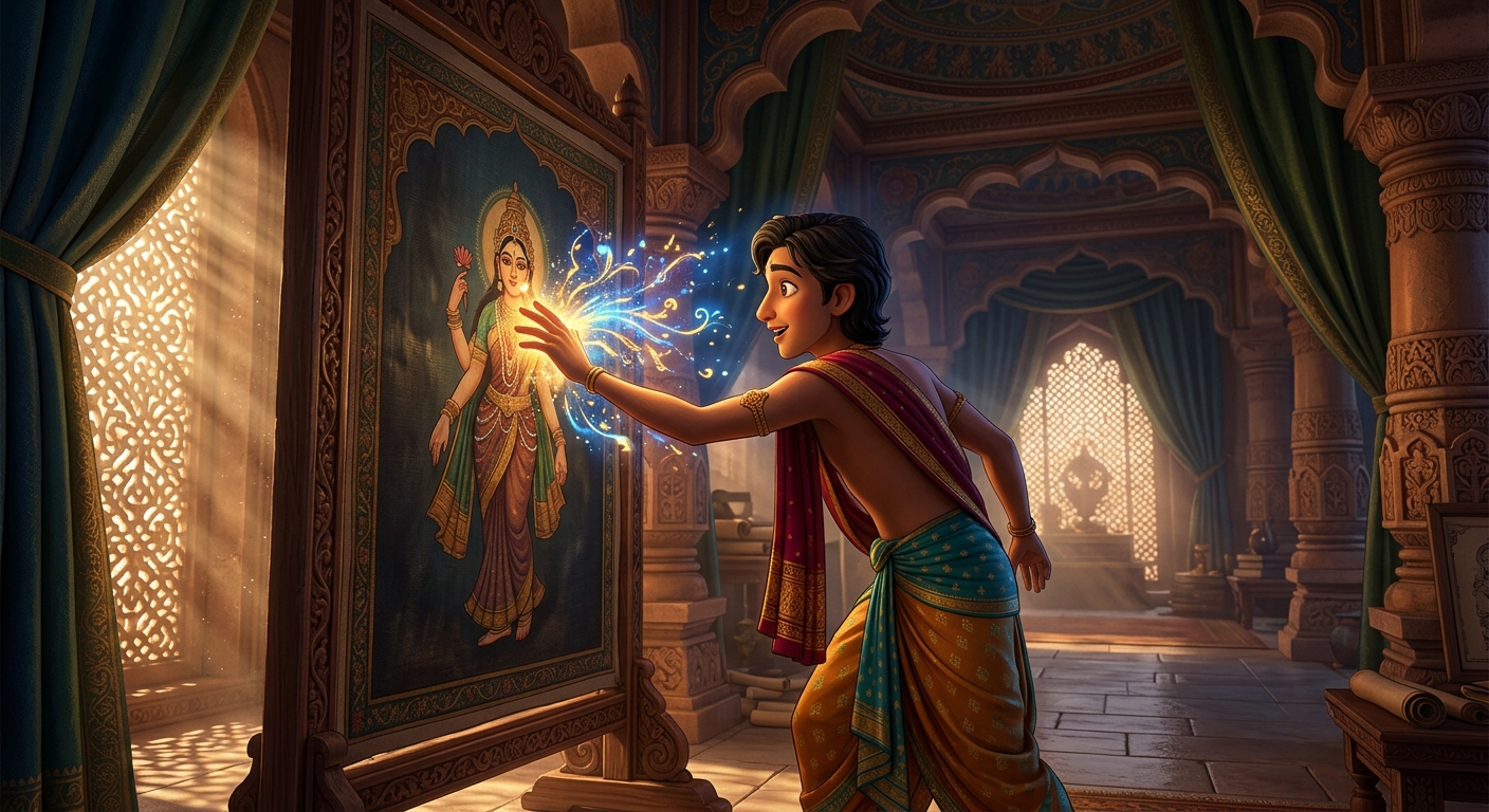 Curious Sattvasheel touching the lifelike painted figure on the silk canvas in the secret chamber