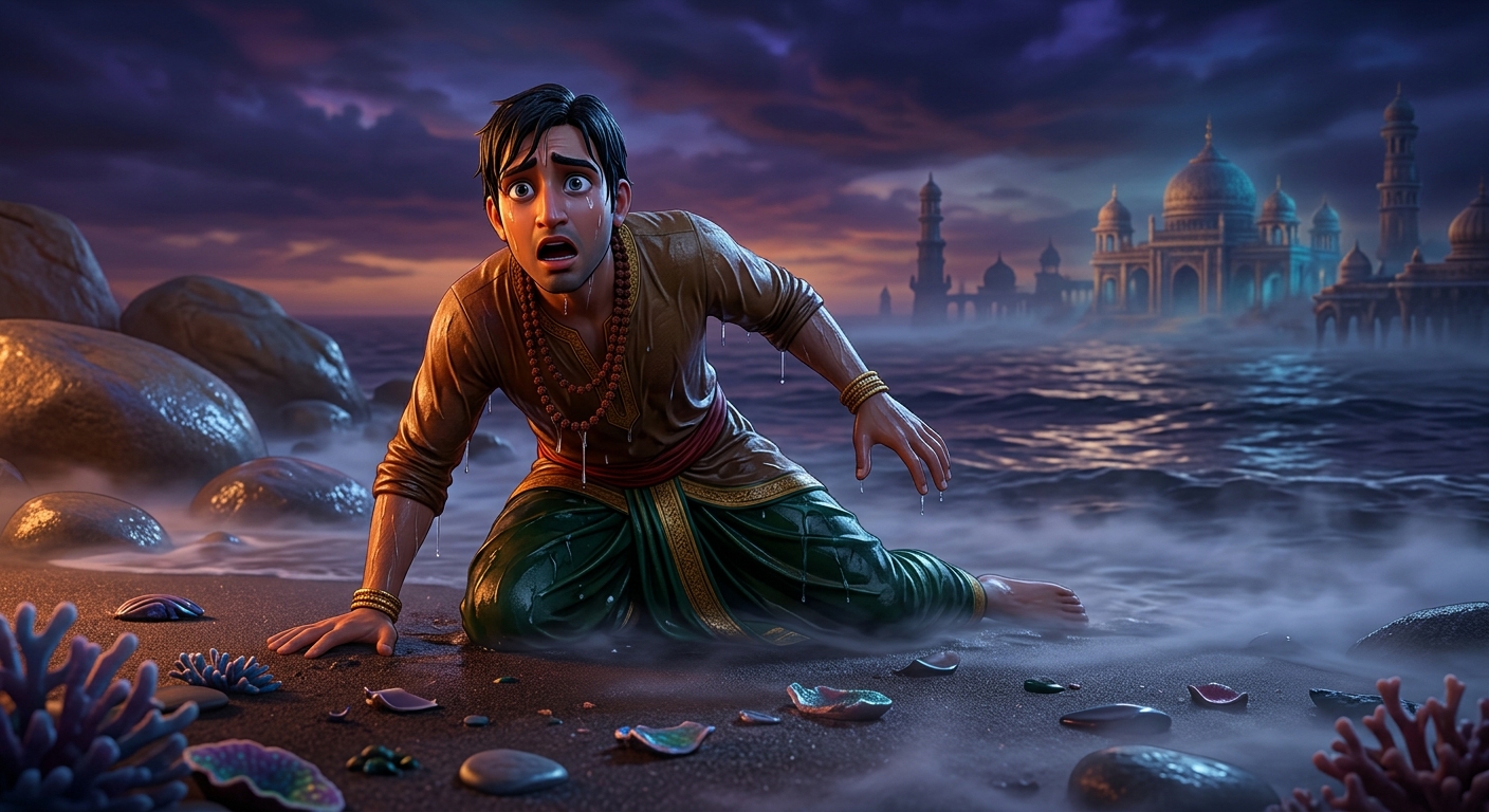 Sattvasheel waking up drenched on the sandy ocean shore looking around in utter shock