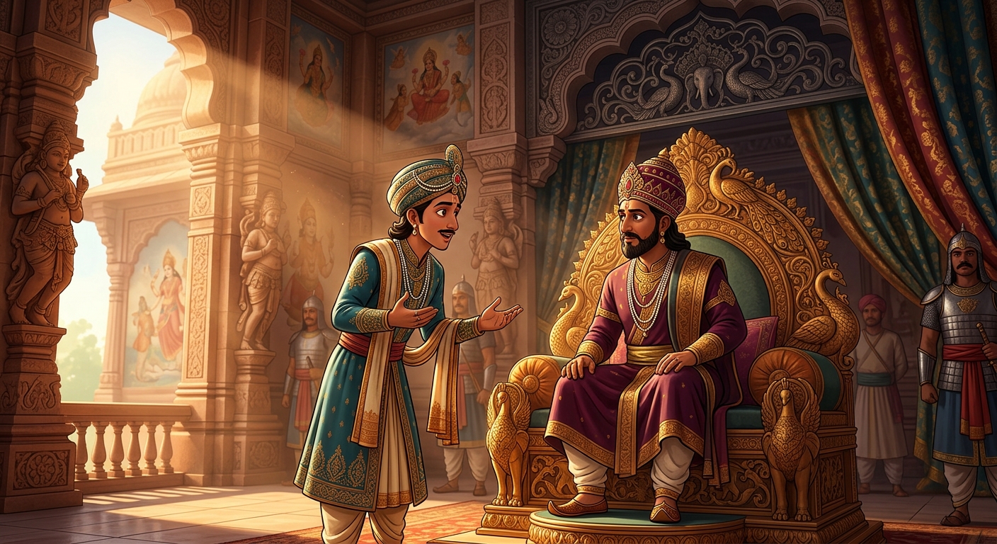 Sattvasheel in royal court describing the sunken city and celestial princess to King Shribhatta