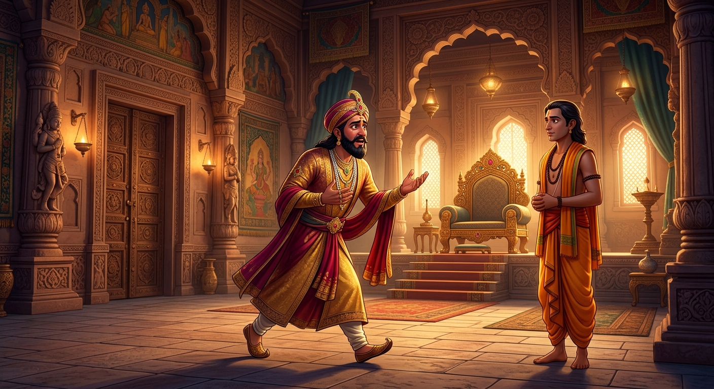 King Shribhatta enchanted by the tale, pacing his throne room consumed by love