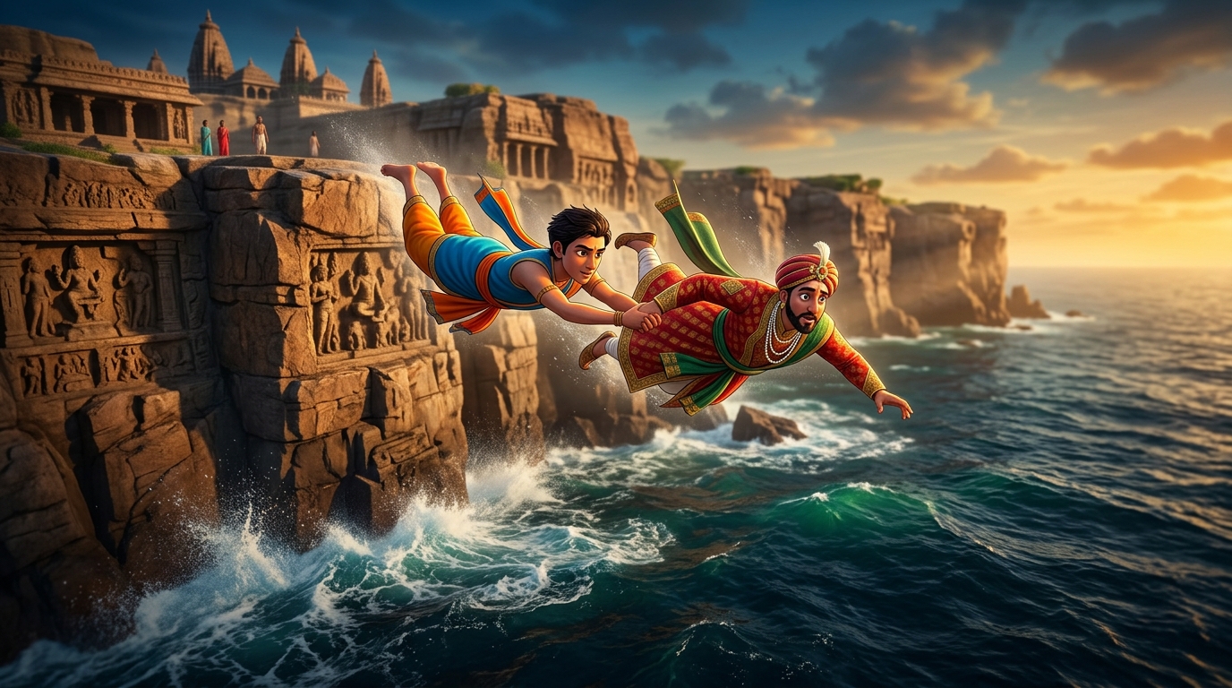 Sattvasheel holding King Shribhatta's hand diving together from the cliff into the sea