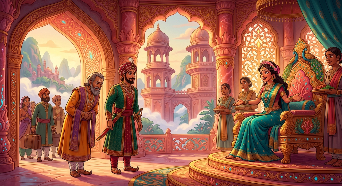 Sattvasheel and King Shribhatta arriving before the startled yet welcoming Vidyadhari Princess