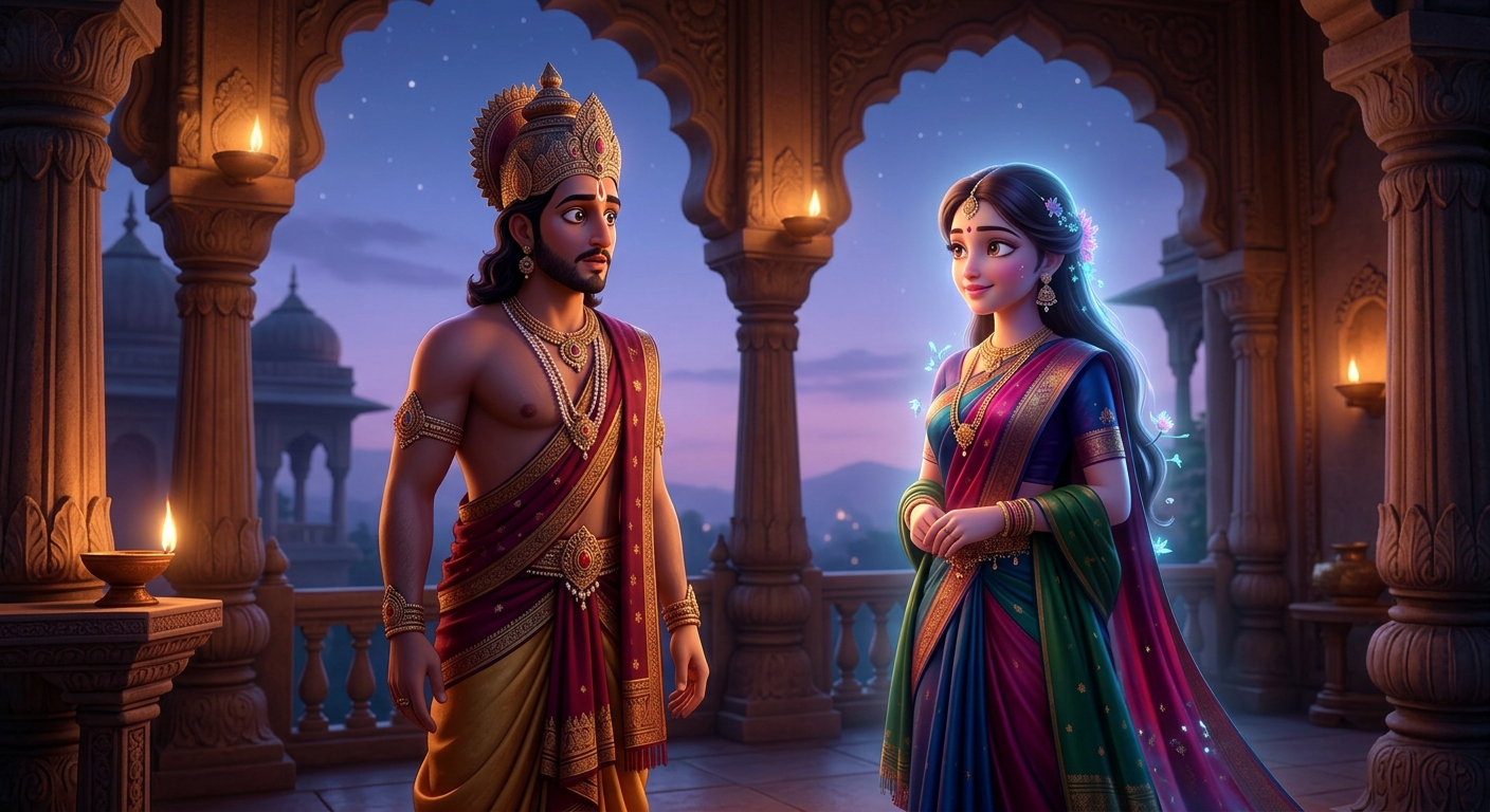 King Shribhatta gazing at the Vidyadhari Princess in utter awe and silent adoration