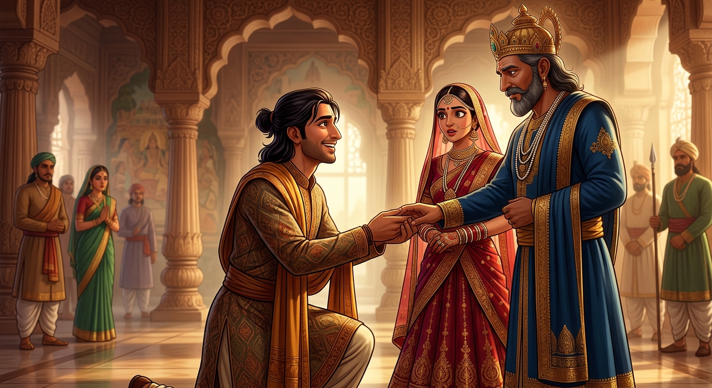 Sattvasheel placing the princess's hand into King Shribhatta's hand with pure joy and no regret