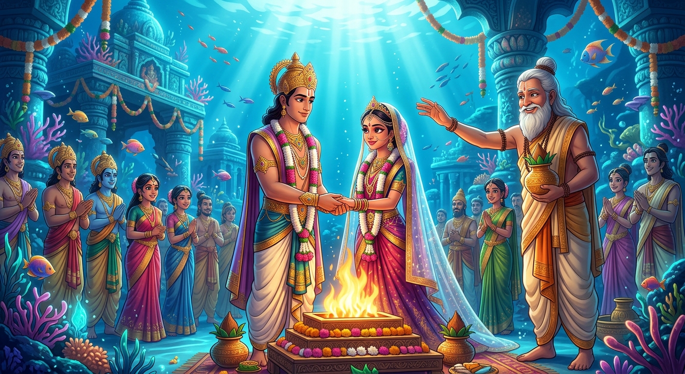 Grand underwater wedding ceremony between King Shribhatta and the Princess with Sattvasheel blessing them