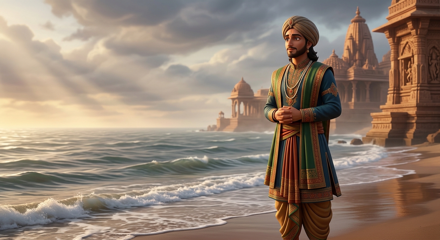 Sattvasheel standing peacefully on the mortal ocean shore, humble and content in his duty