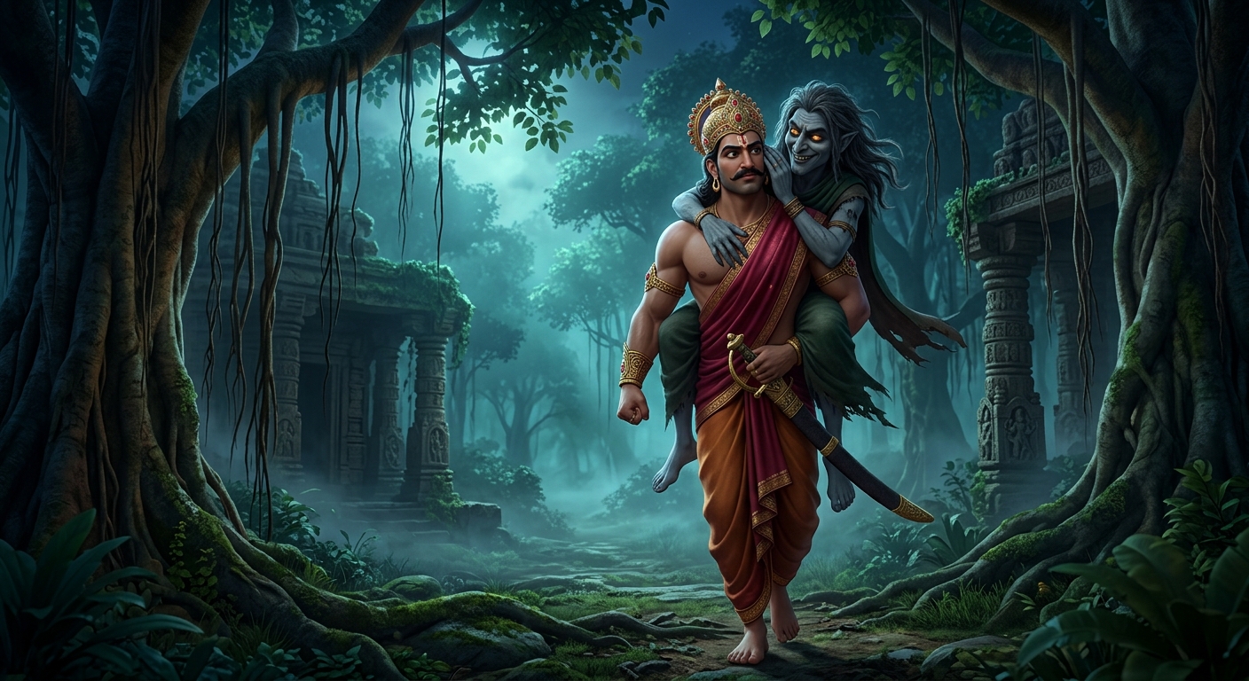 Betal leaning close to Vikramaditya's ear in the dark foggy jungle posing the riddle