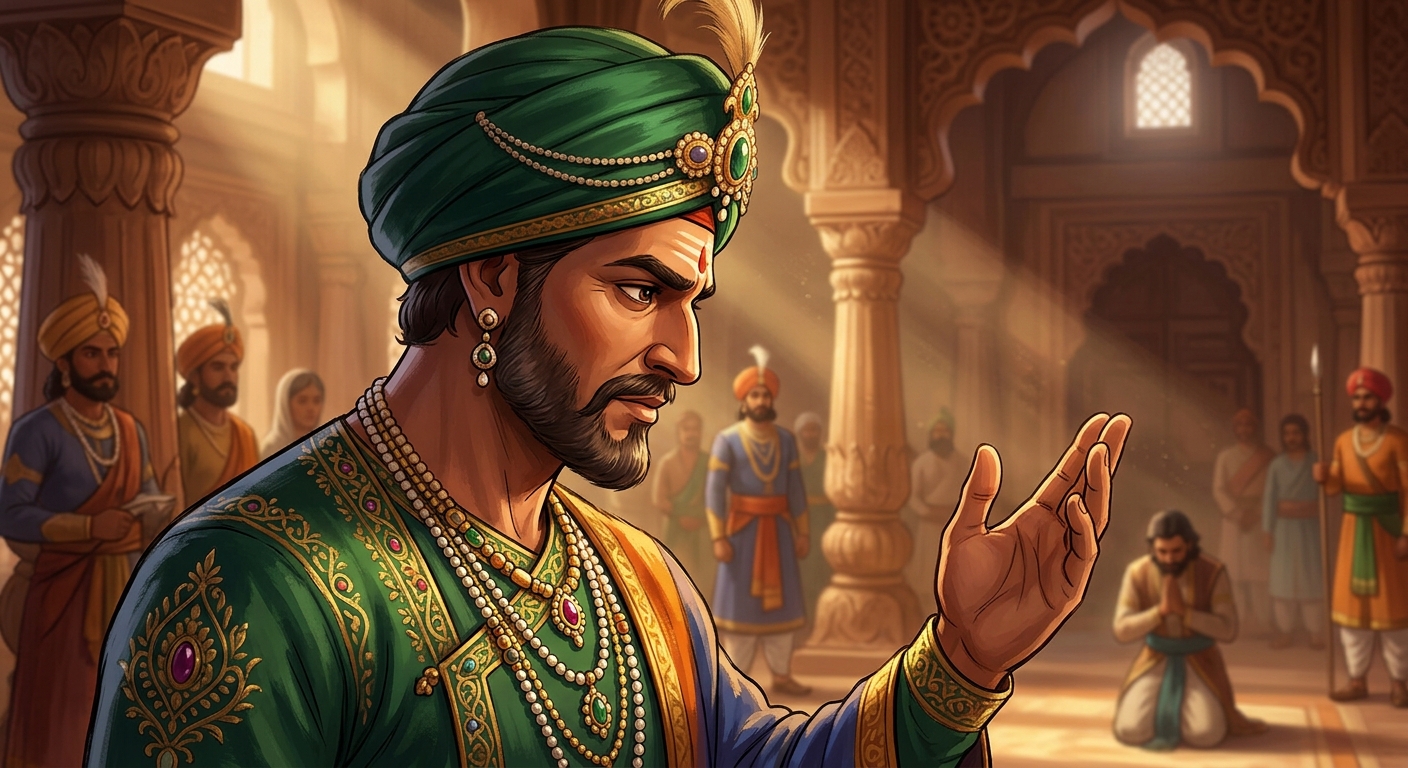 Emperor Vikramaditya delivering his razor-sharp verdict on supreme magnanimity