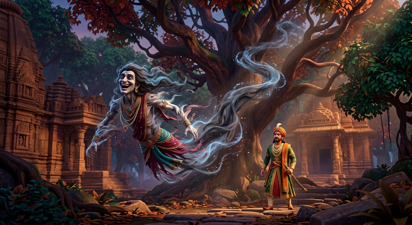 Betal cackling wildly dissolving into mist soaring through the trees back to the Shinshapa tree