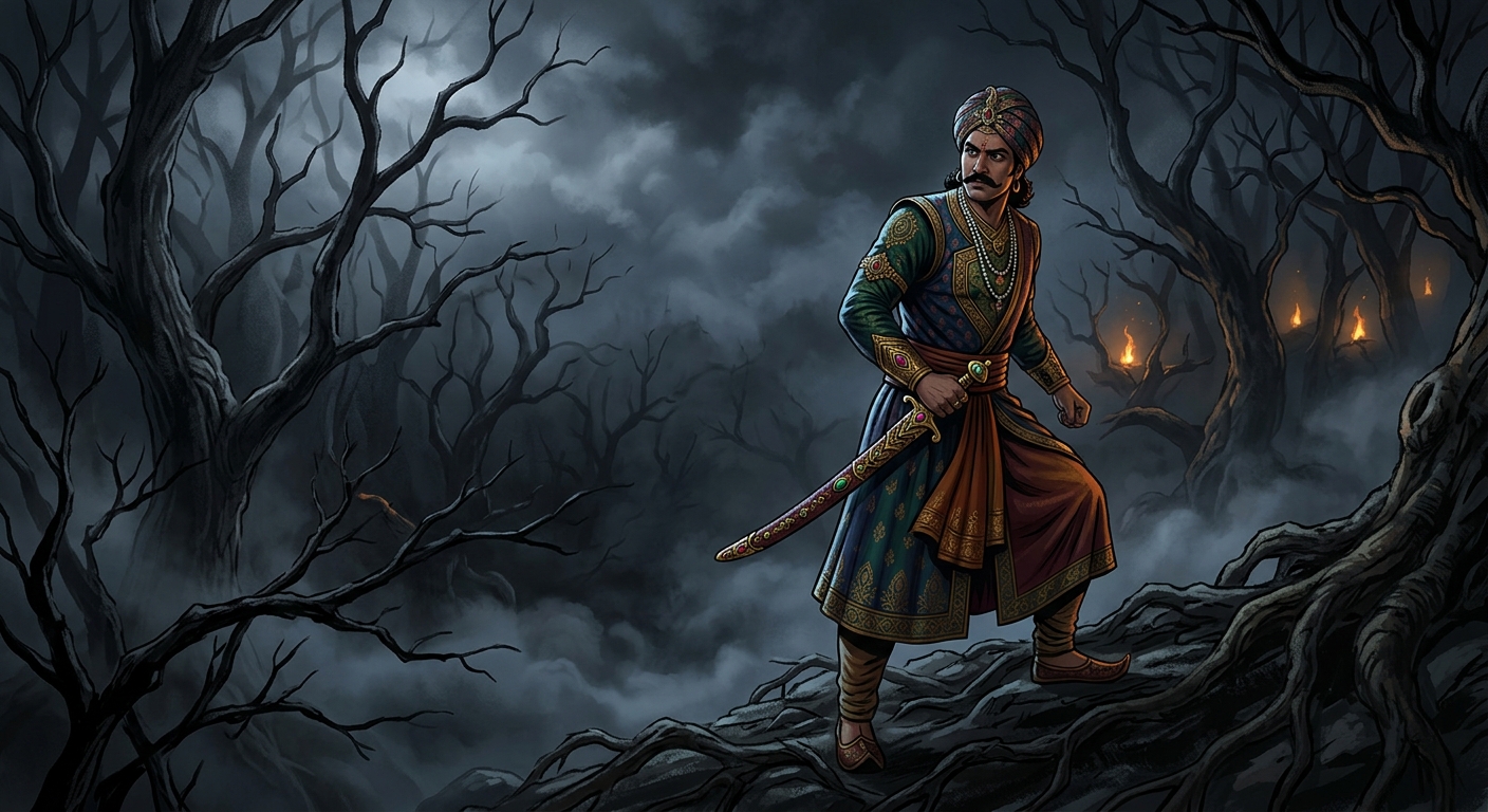 King Vikramaditya standing resolute in the dark moonless Amavasya jungle turning back to retrieve Betal