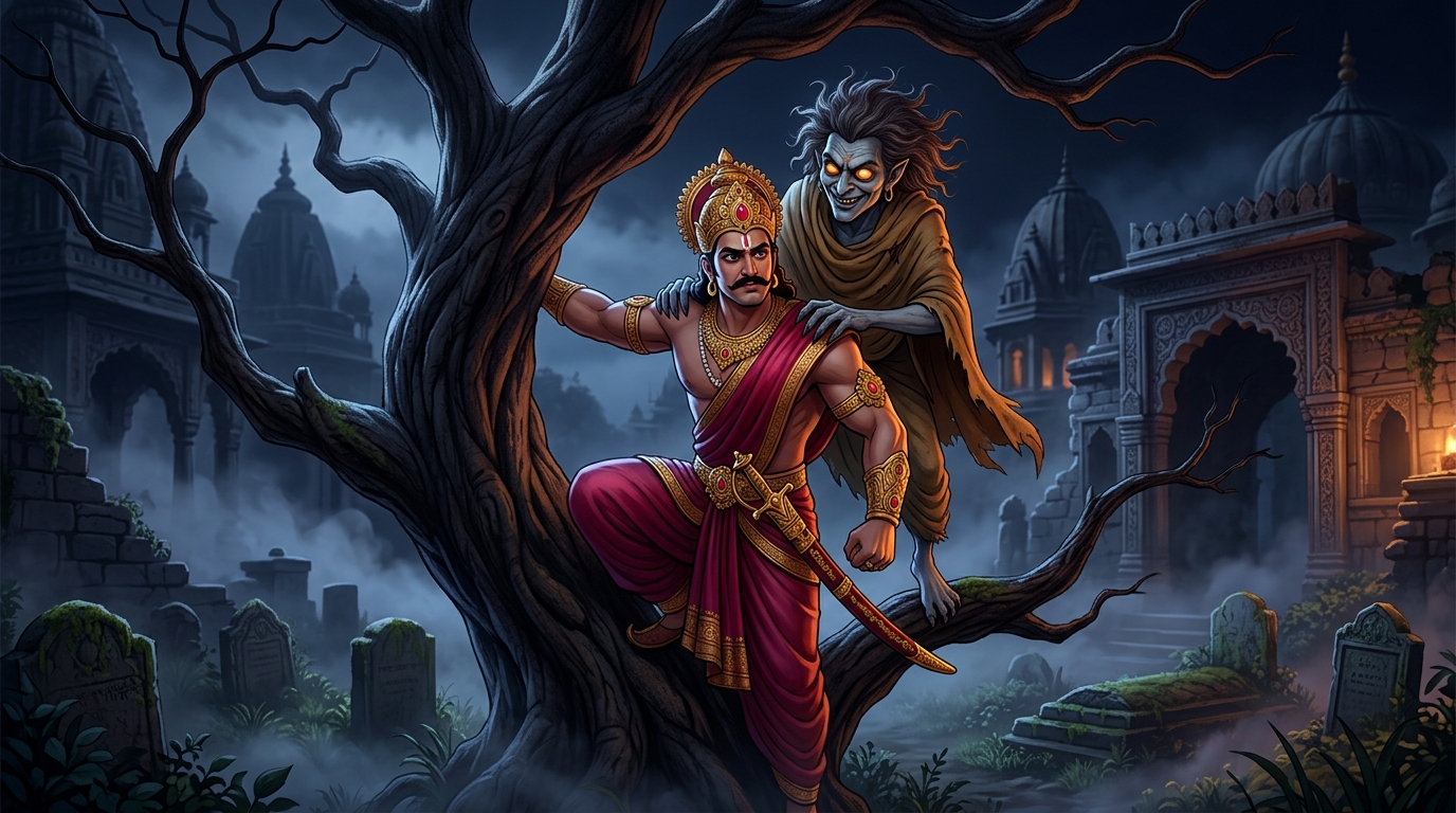 King Vikramaditya climbing down the gnarled Shinshapa tree carrying Betal on his back