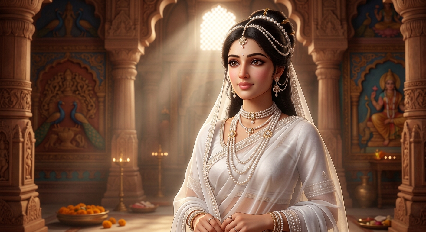 Portrait of Queen Indulekha, fair as snow in shimmering white silks