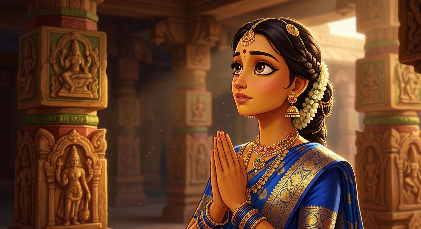 Portrait of Queen Taravali in royal blue silk with delicate gold embroidery