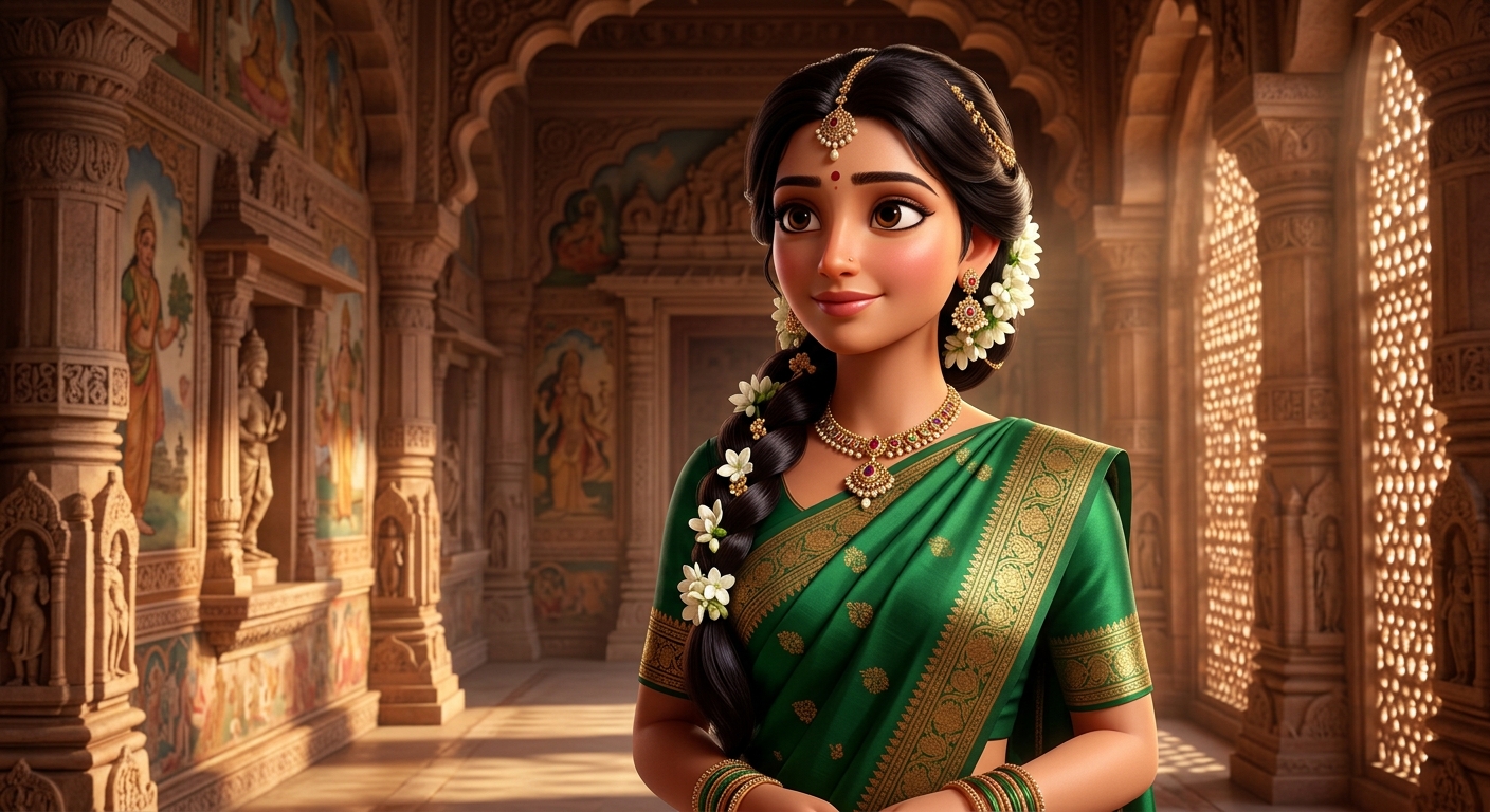 Portrait of Queen Kusumavati in emerald silk with jasmine flowers