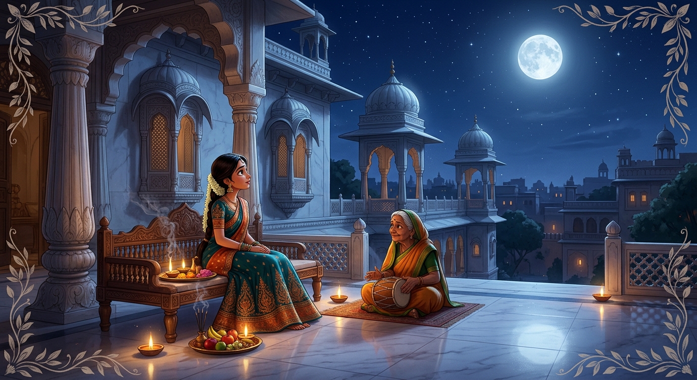 The royal marble terrace bathed in the silver light of the autumn Sharad Purnima moon