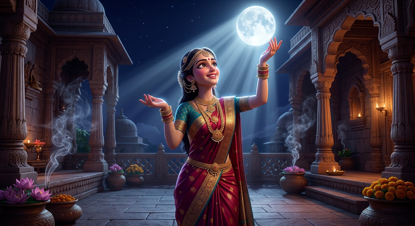 Queen Indulekha walking on the terrace as moonlight rays strike her bare arms