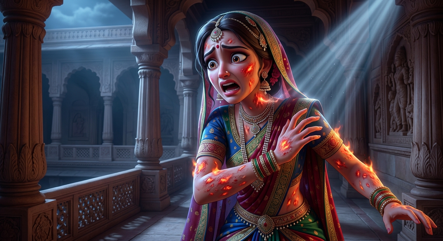 Close-up of Queen Indulekha's skin covered in fiery red burn blisters