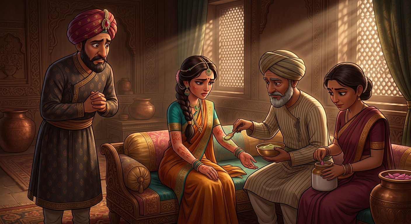 Royal physicians applying cooling sandalwood paste to Indulekha's burns