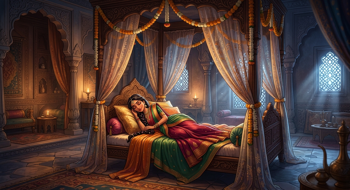 Queen Taravali resting peacefully on an ultra-soft silk divan in her bedchamber