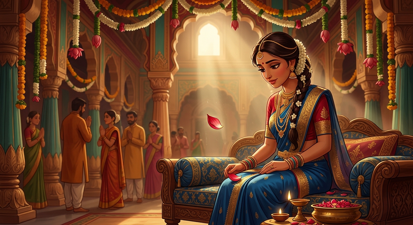 A single fresh red lotus petal falling gently from the ceiling garland onto Taravali's thigh
