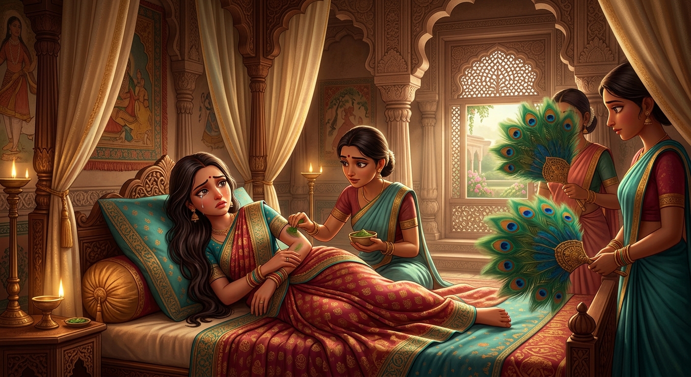 Maidens gently tending to Queen Taravali's bruise with herbal oils