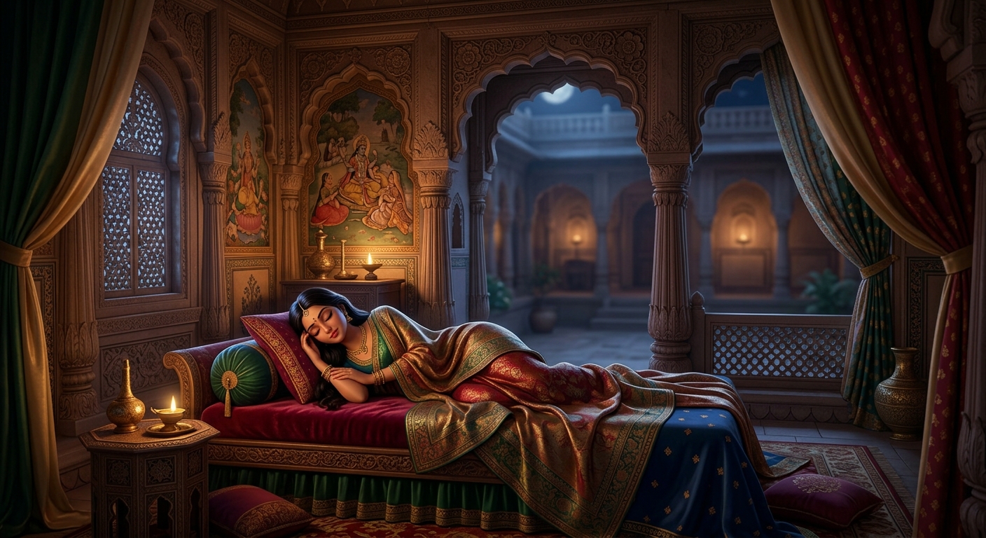 Queen Kusumavati sleeping peacefully in her inner quiet royal pavilion
