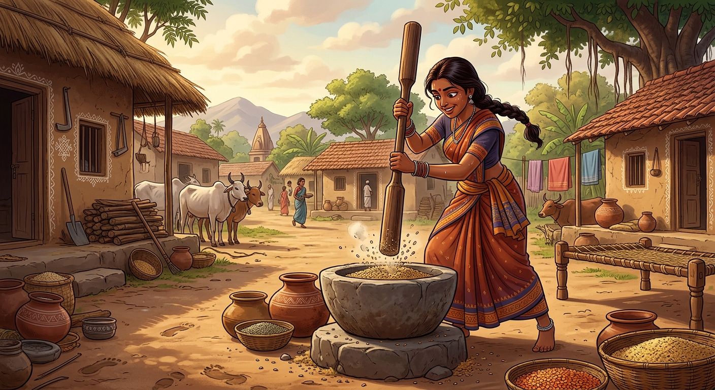 Distant village hut where a peasant woman is rhythmically pounding grain with a heavy wooden pestle