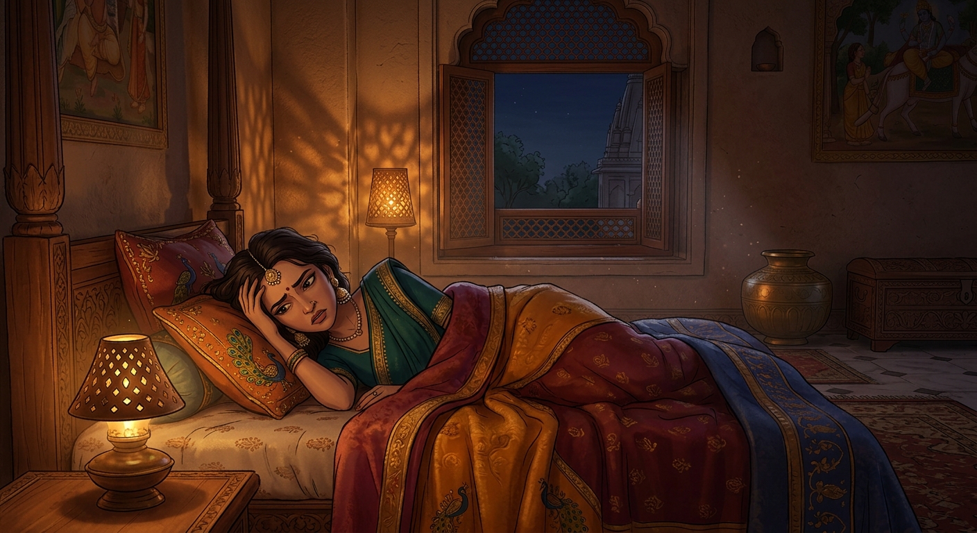 Queen Kusumavati stirring uncomfortably in her bed as the distant thudding sound echoes