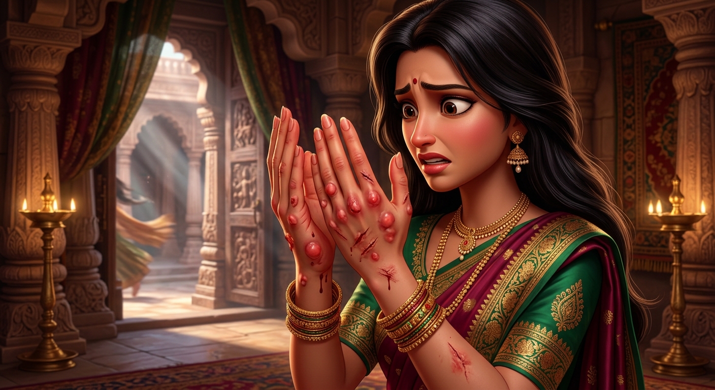 Dramatic close-up of Queen Kusumavati's palms breaking out in raw blisters and calluses from the sound