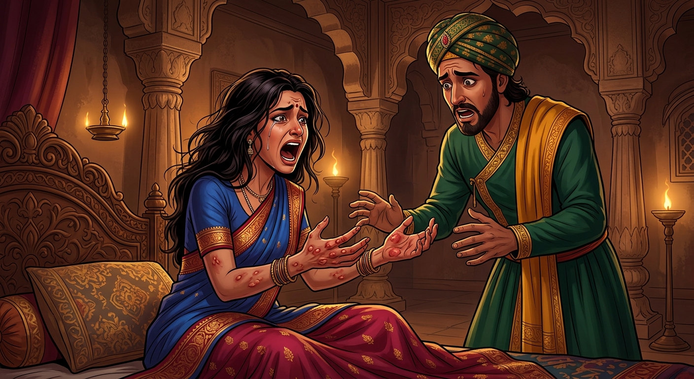 Queen Kusumavati showing her bleeding blistered palms in tears to the horrified King