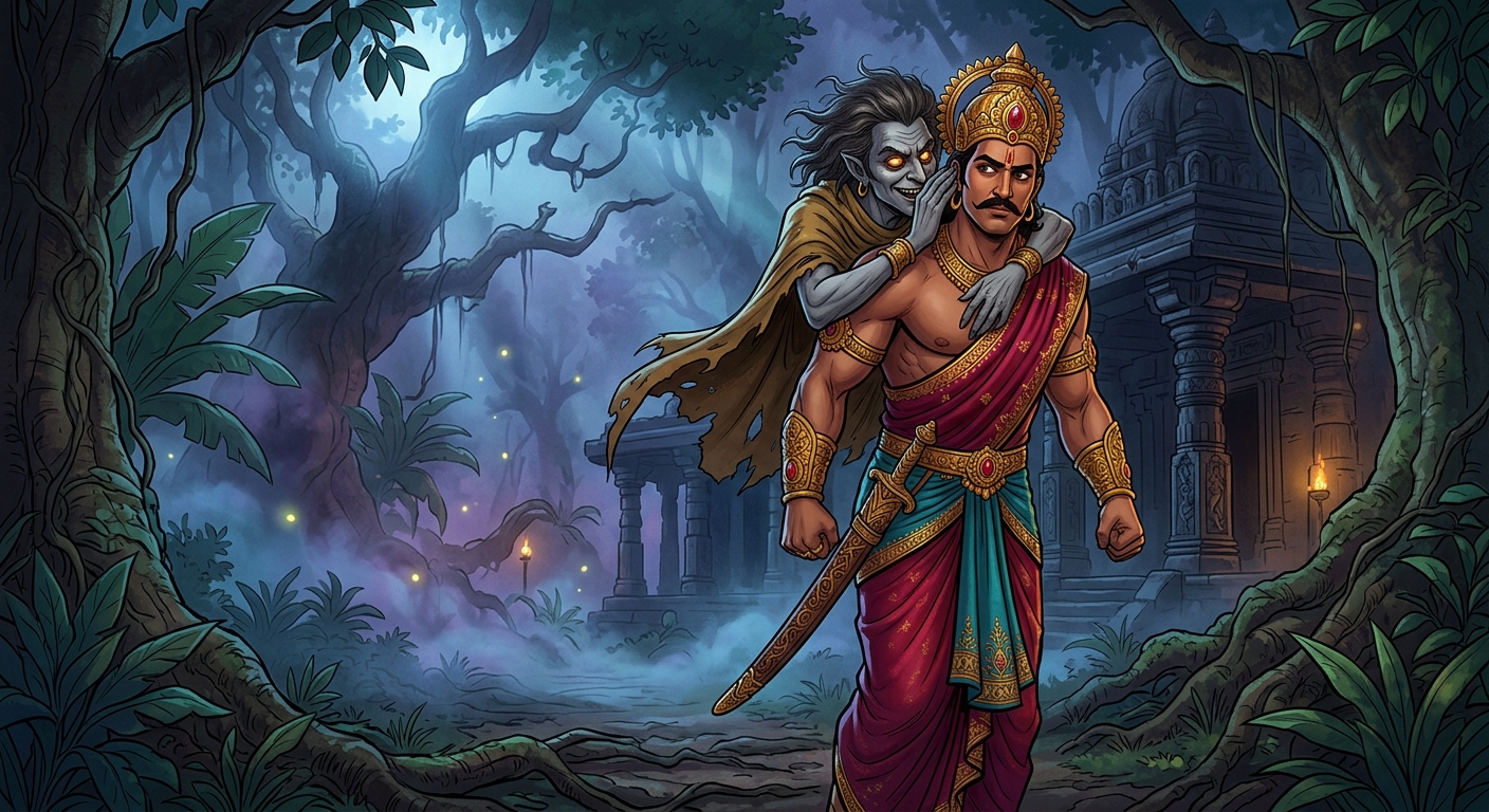 In the midnight misty jungle Betal whispering the riddle into Vikramaditya's ear