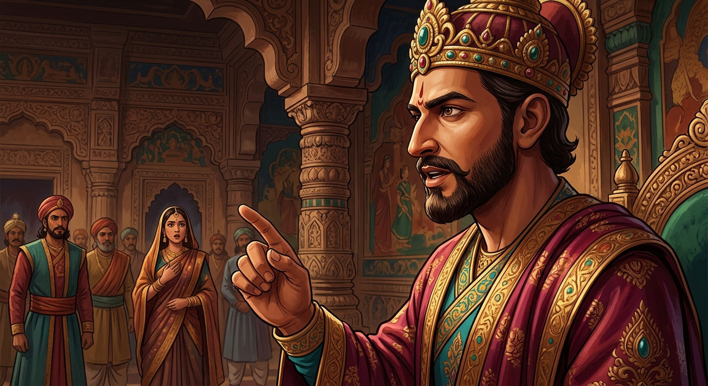 Heroic close-up of Emperor Vikramaditya delivering his razor-sharp verdict