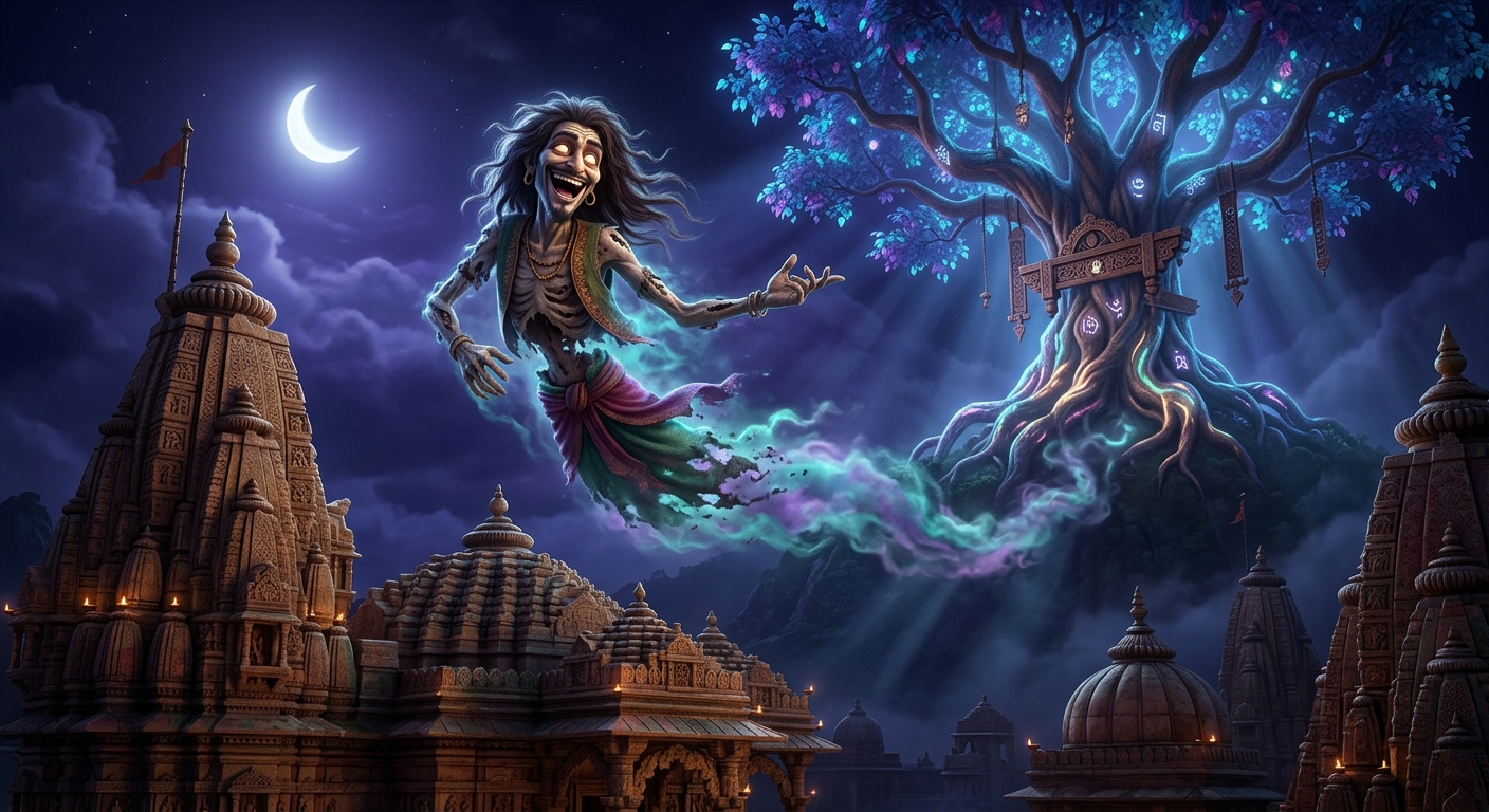 Betal laughing wickedly as his corpse-body dissolves into mist and soars back to the tree