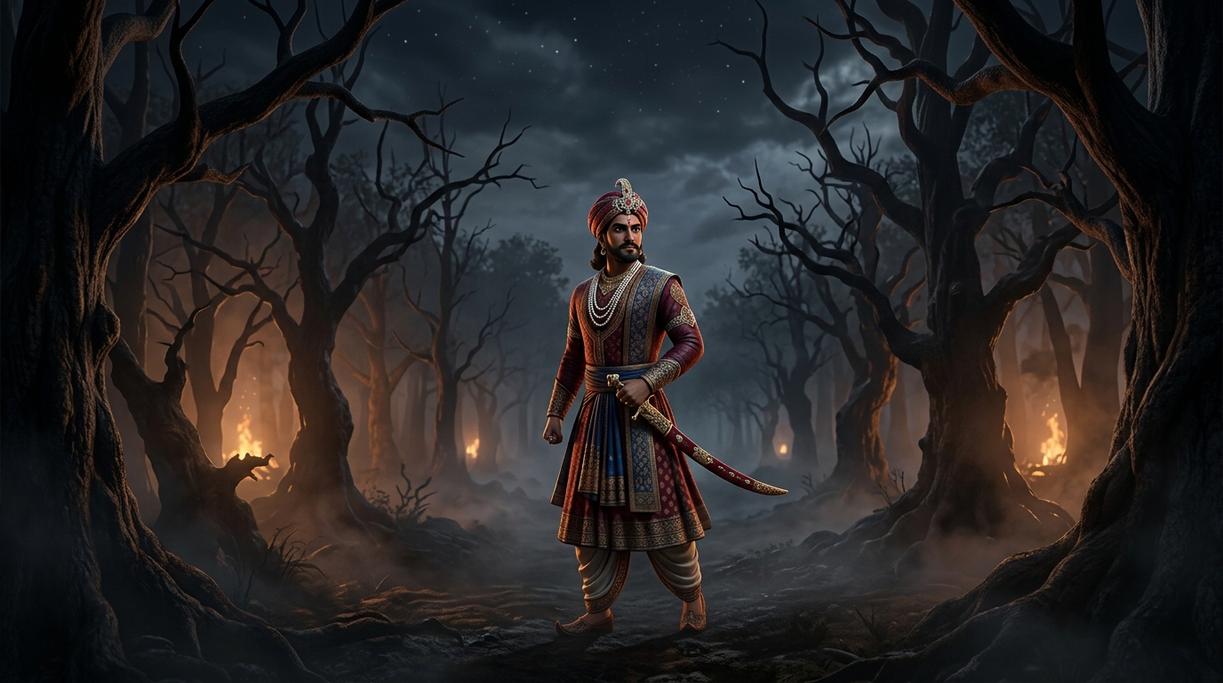 King Vikramaditya standing resolute in the dark moonless Amavasya jungle turning back to retrieve Betal